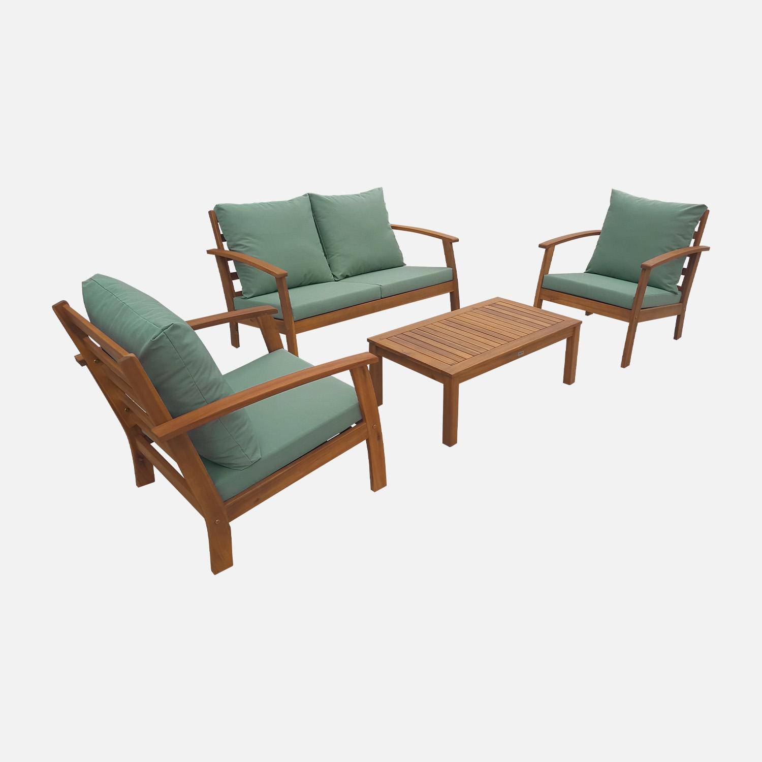 4-osobowy drewniany zestaw mebli ogrodowych - Ushuaïa - Seledynowe poduszki, sofa, fotele i stolik kawowy z drewna akacjowego Photo3