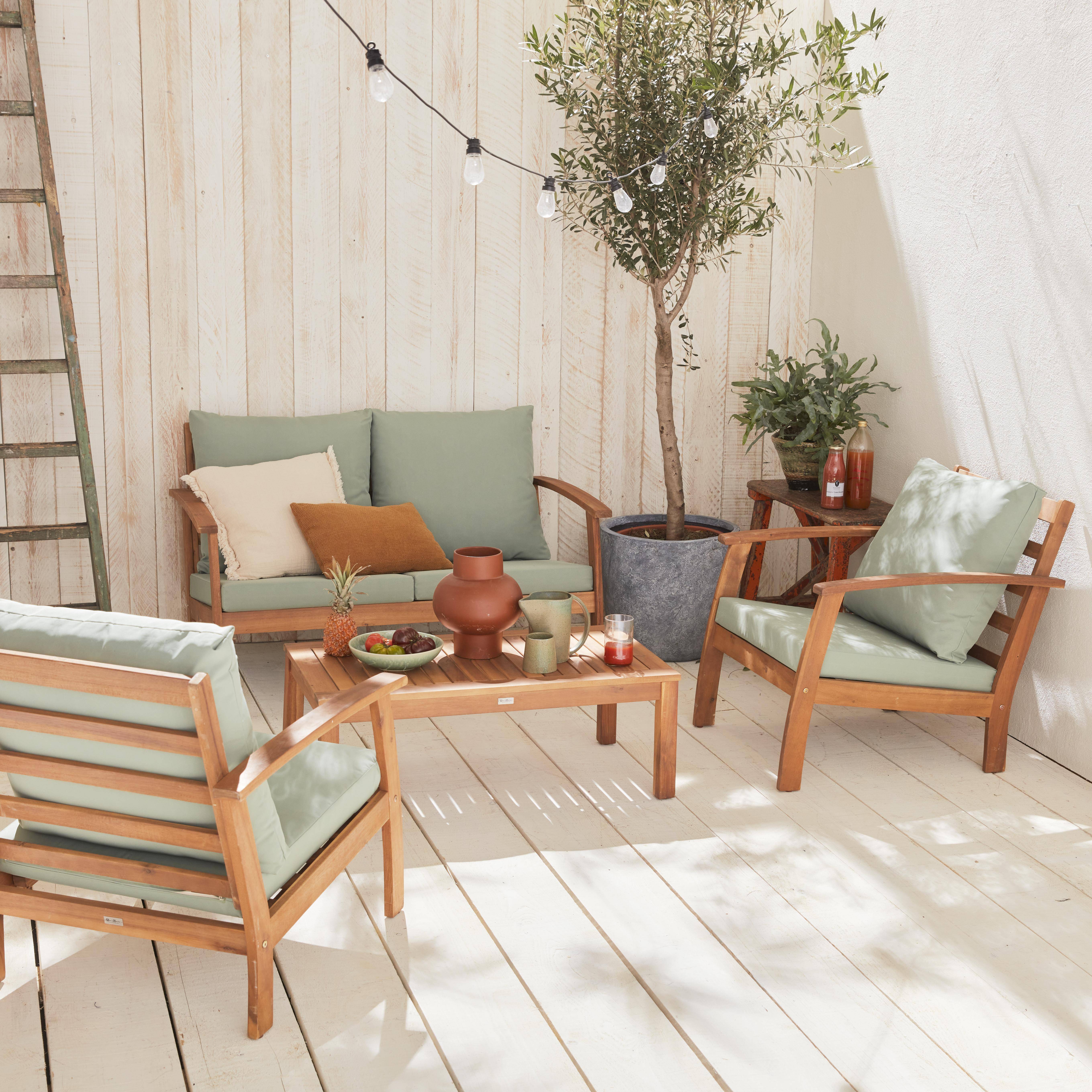 Salon de jardin en bois 4 places - Ushuaïa - Coussins vert de gris, canapé, fauteuils et table basse en acacia, design | sweeek