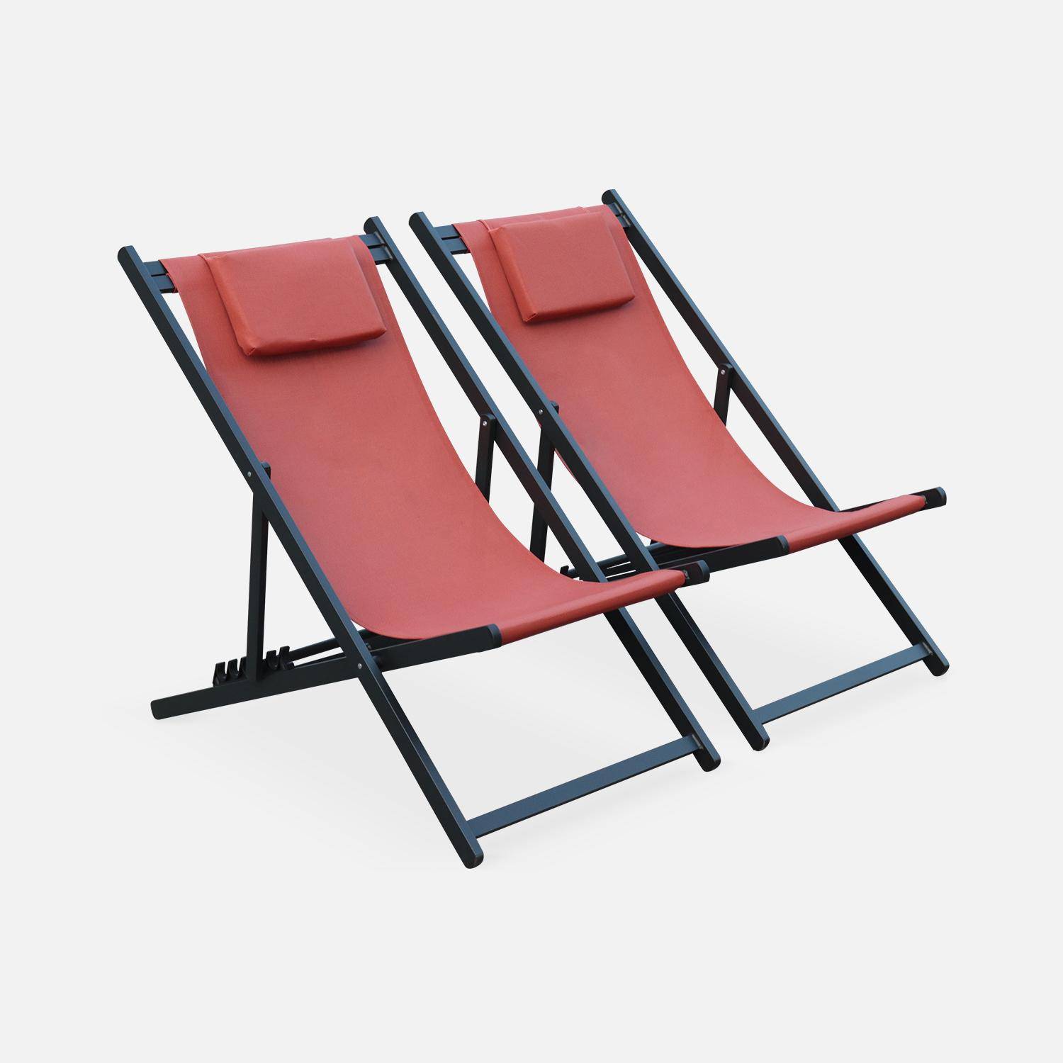 Set of 2 sun loungers - adjustable deck chairs with headrests made from aluminium frame - Gaia - Anthracite frame, Terracotta textilene Photo2