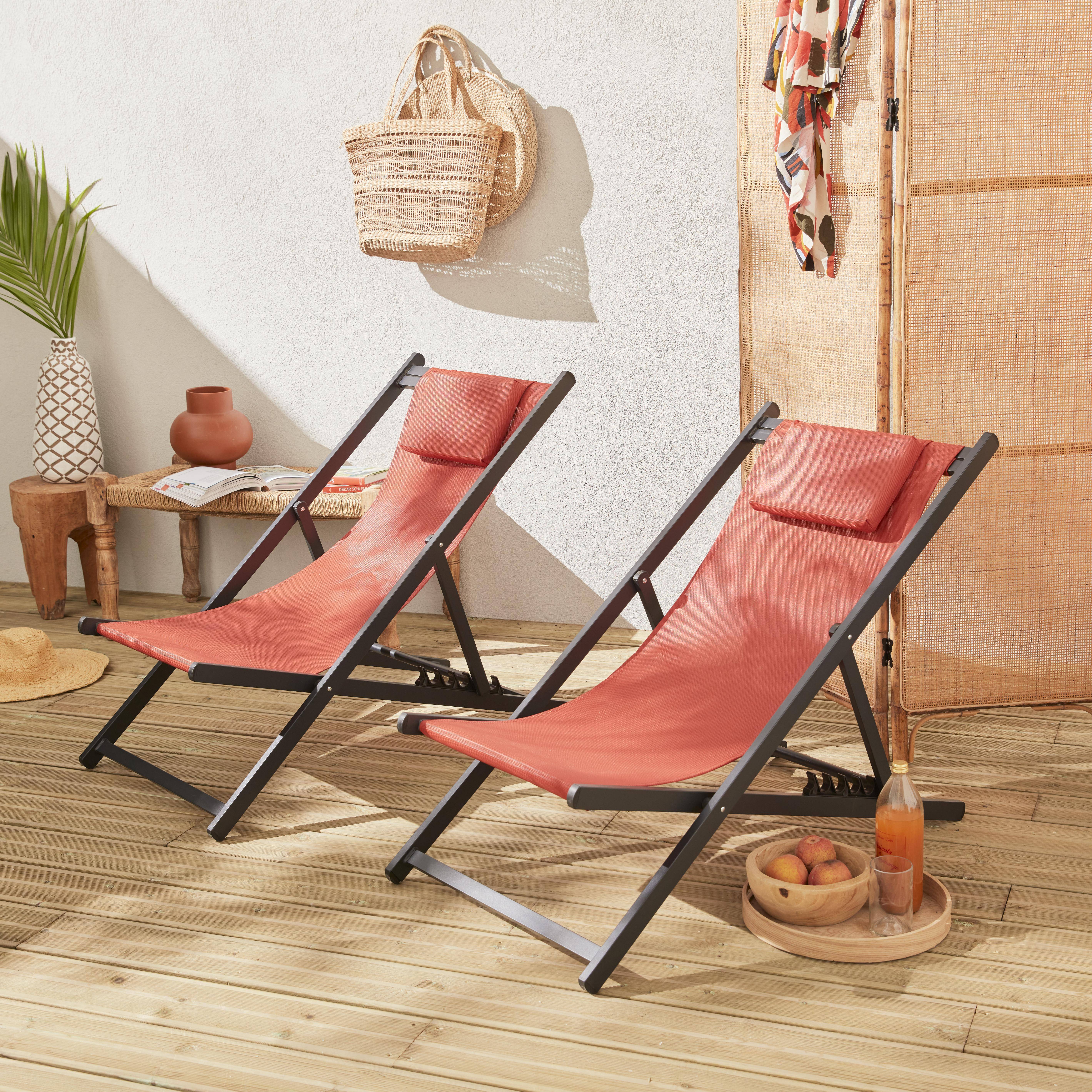 Set of 2 sun loungers - adjustable deck chairs with headrests made from aluminium frame - Gaia - Anthracite frame, Terracotta textilene,sweeek,Photo1