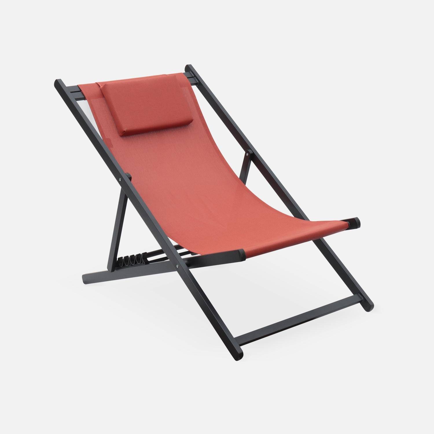 Lot de 2 bains de soleil - Gaia terra cotta - Transat en aluminium gris anthracite et textilene avec coussin repose tête, chilienne,sweeek,Photo3