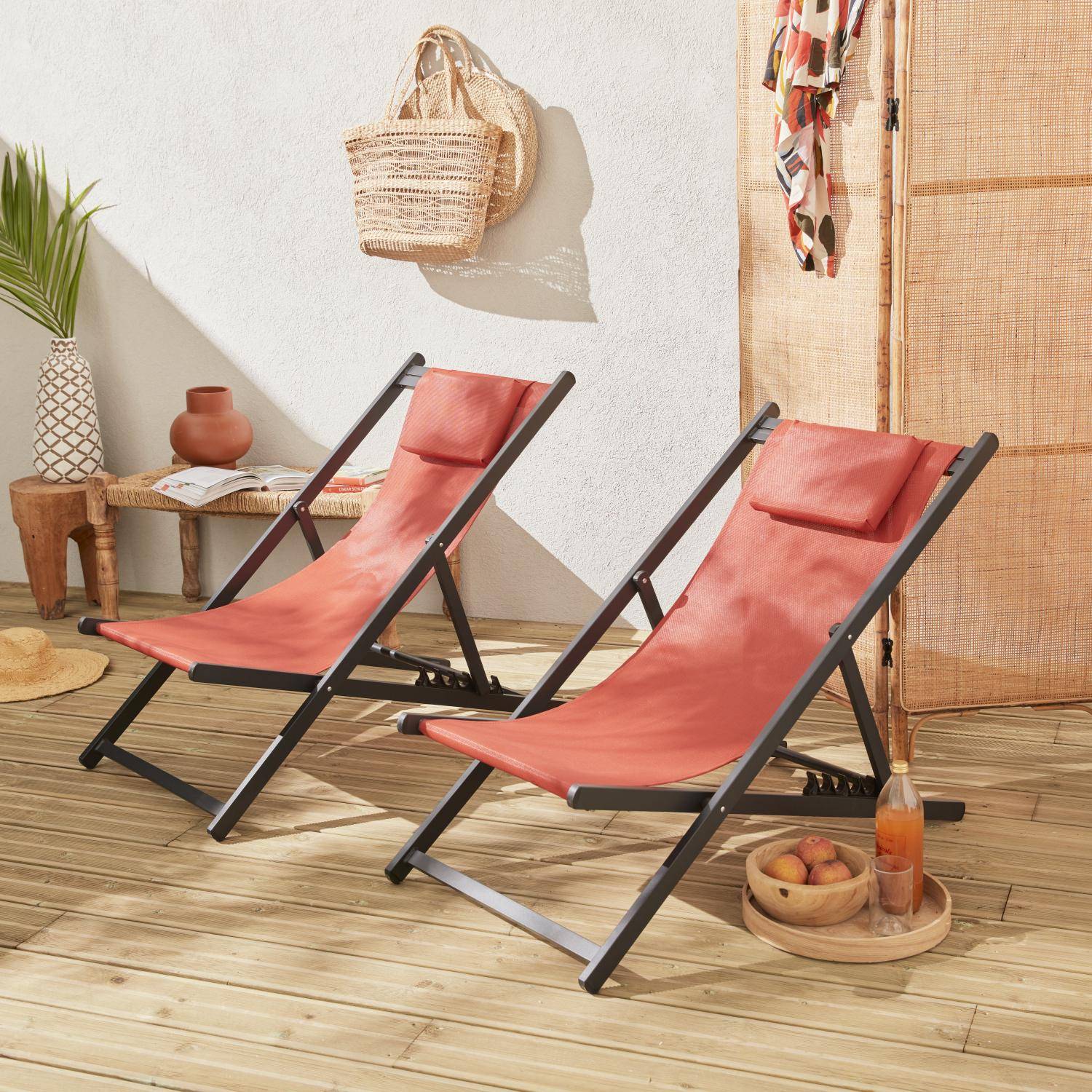 Lot de 2 bains de soleil - Gaia terra cotta - Transat en aluminium gris anthracite et textilene avec coussin repose tête, chilienne Photo1