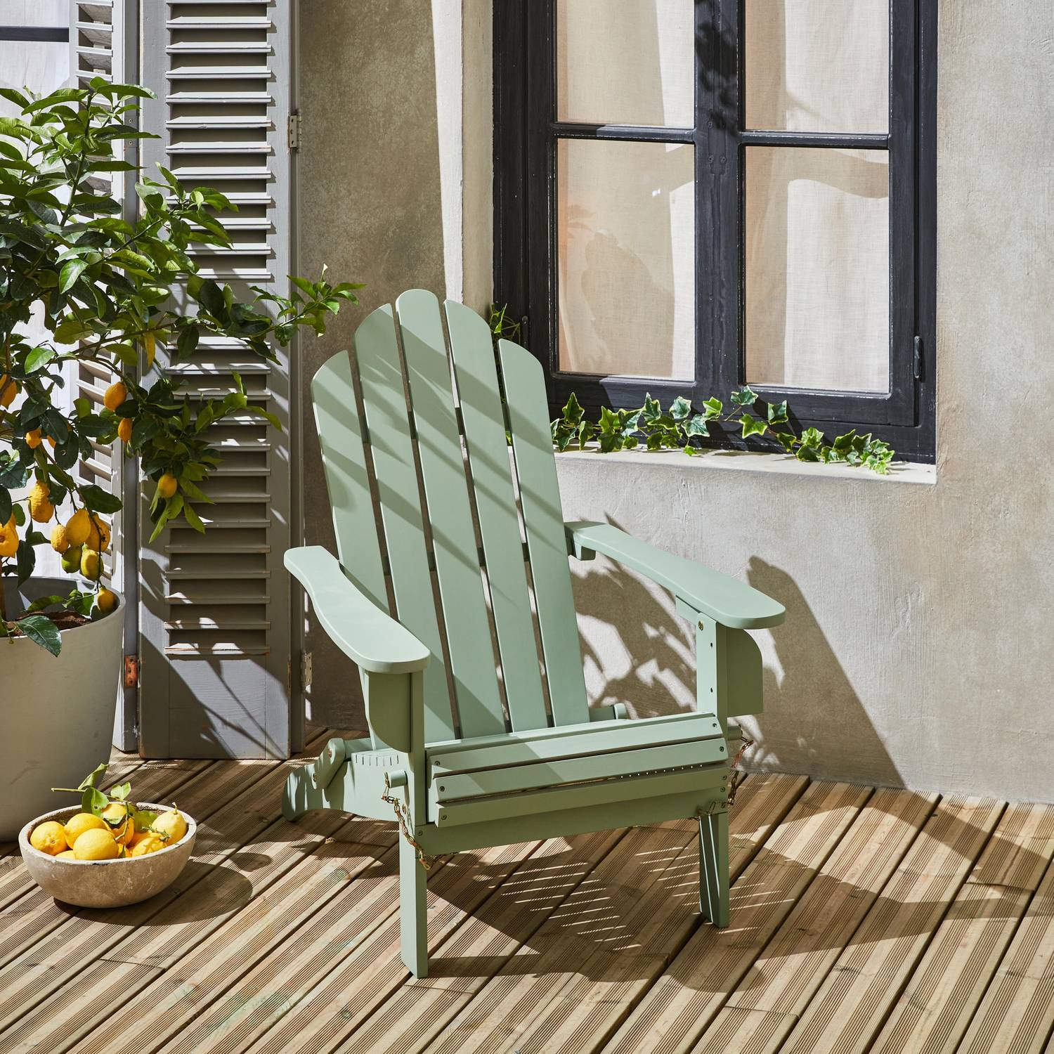 Fauteuil de jardin en bois peint - Adirondack Salamanca Vert de gris - Eucalyptus FSC, chaise de terrasse rétro, siège de plage pliable Photo1
