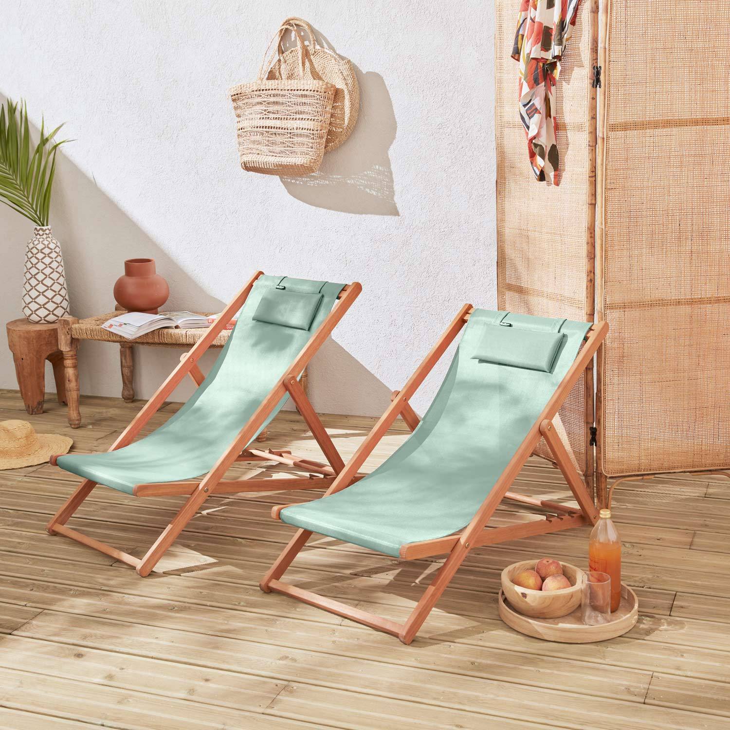 2 bains de soleil Creus, transats en bois d'Eucalyptus FSC huilé et textilène vert de gris  | sweeek