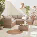 Salon de jardin Premium en résine tressée arrondie – VITTORIA – Résine naturelle style osier, coussins beiges – 5 places, haut de gamme Photo1