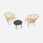 Salon de jardin bas 2 places JAKARTA – Lot de 2 fauteuils avec table d’appoint, résine tressée effet rotin, coussins beige Photo4