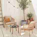 Salon de jardin bas 2 places JAKARTA – Lot de 2 fauteuils avec table d’appoint, résine tressée effet rotin, coussins beige Photo1