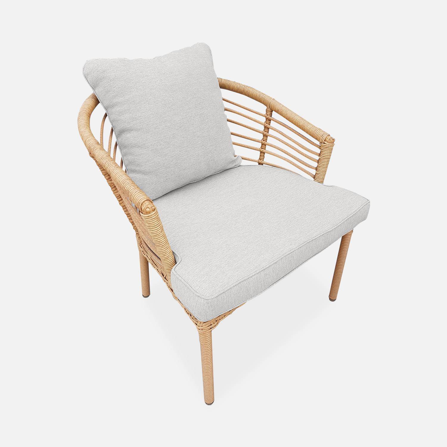 Salon de jardin bas 2 places JAKARTA – Lot de 2 fauteuils avec table d’appoint, résine tressée effet rotin, coussins beige Photo5