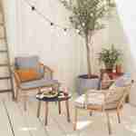Salon de jardin bas 2 places Jakarta – Lot de 2 fauteuils avec table d’appoint, résine tressée effet rotin, coussins gris clair chiné Photo1