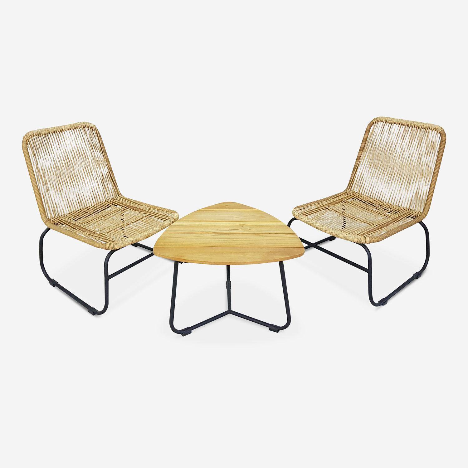 Salon de jardin bas 2 places LOMBOK – Lot de 2 chaises avec table d’appoint, résine tressée effet rotin, coussins beige Photo6