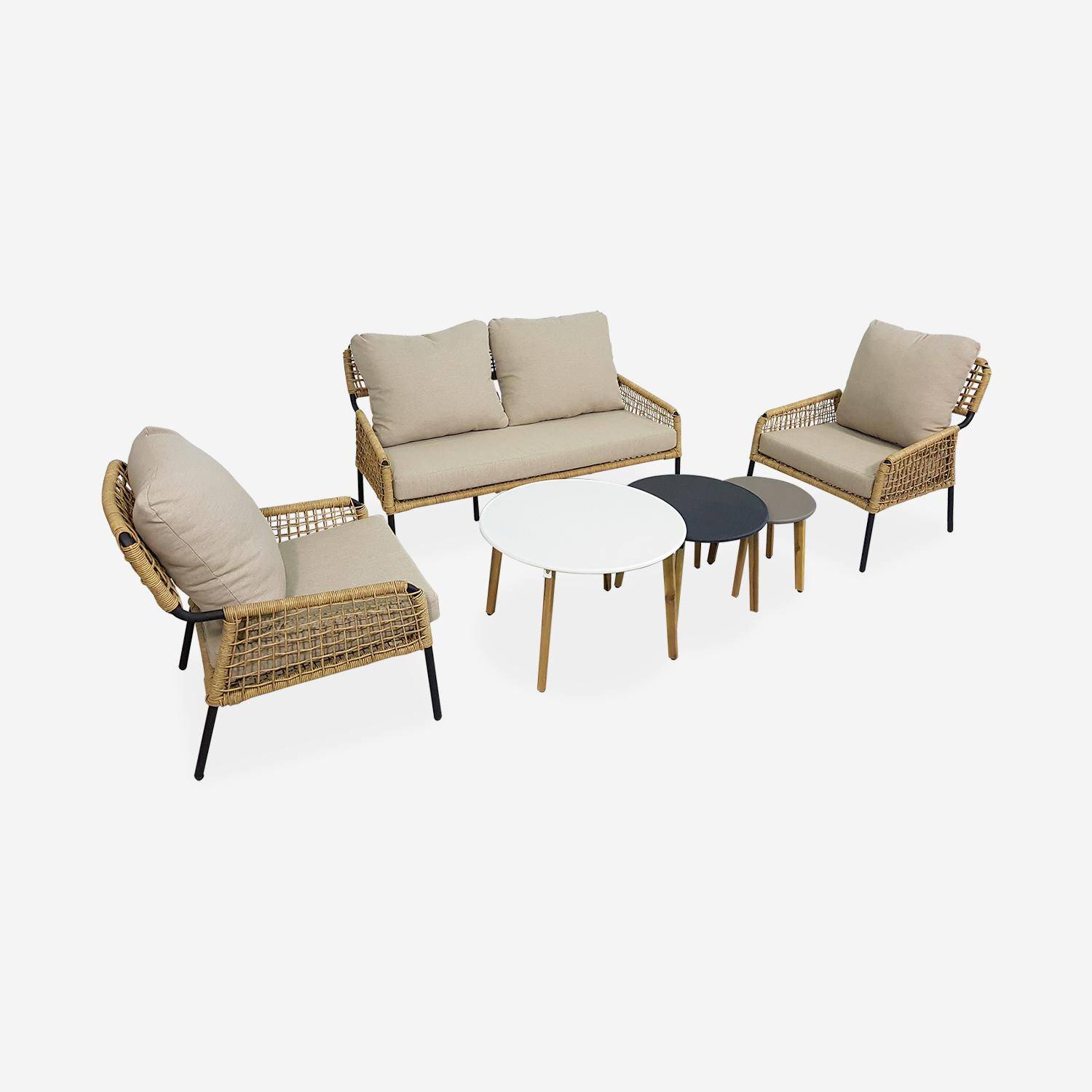 Lage loungeset 4 plaatsen Komodo – 2-persoonsbank en 2 stoelen met 3 bijzettaffeltjes - Wicker, rotan-effect - Beige Photo1