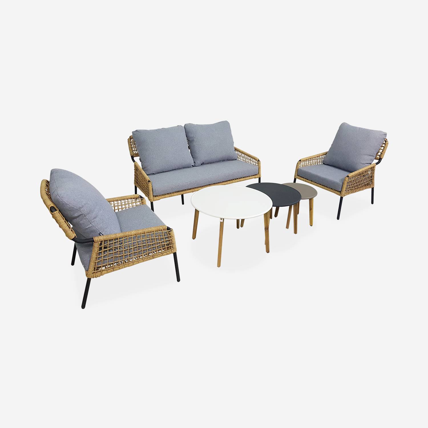 Lage loungeset 4 plaatsen Komodo – 2-persoonsbank en 2 stoelen met 3 bijzettaffeltjes - Wicker rotan-effect- Lichtgrijs gespikkeld | sweeek