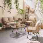 Salon de jardin bas 5 places UBUD – Ensemble canapé 3 places et 2 fauteuils avec 1 table, résine tressée effet rotin, coussins beige Photo1
