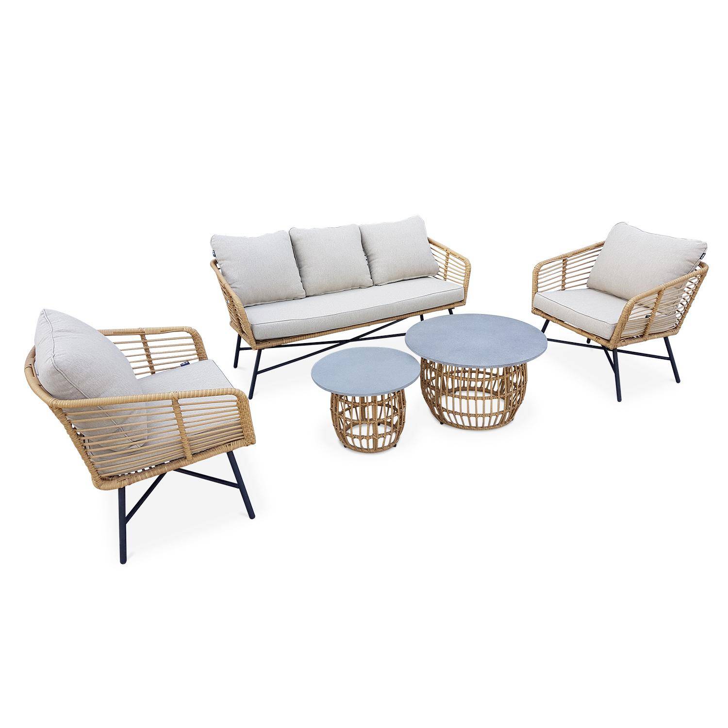 Salotto da giardino a 5 posti UBUD - Set con divano a 3 posti e 2 poltrone con 2 tavolini, resina intrecciata effetto rattan, cuscini beige Photo2