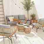 Salotto da giardino a 5 posti UBUD - Set con divano a 3 posti e 2 poltrone con 2 tavolini, resina intrecciata effetto rattan, cuscini grigio chiaro chiné Photo1