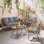 Salon de jardin bas 5 places UBUD – Ensemble canapé 3 places et 2 fauteuils avec une table, résine tressée effet rotin, coussins gris clair chiné Photo1