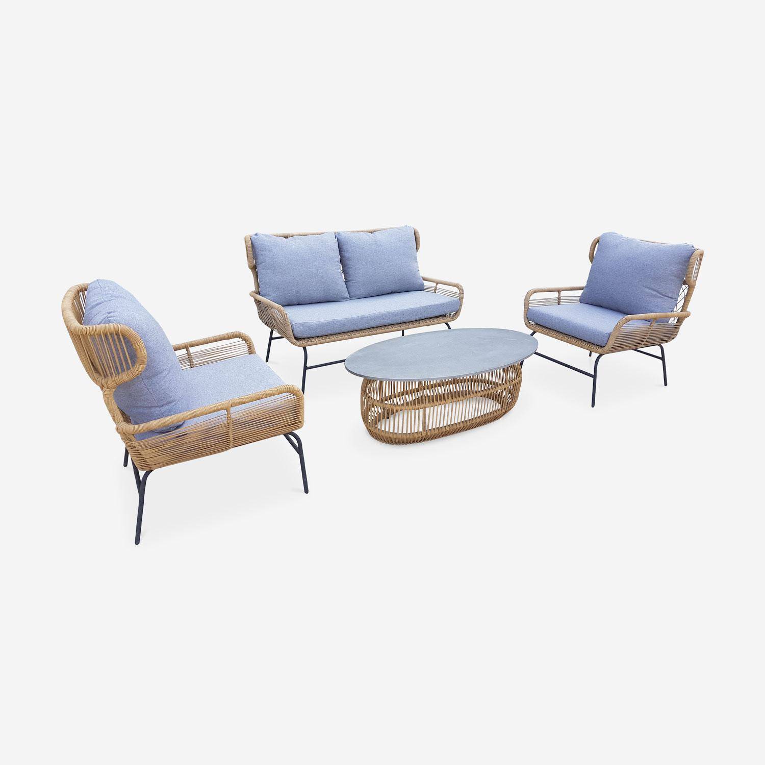 Salotto da giardino BALI – Set con divano 2 posti e 2 poltrone con 1 tavolino ovale, resina intrecciata effetto rattan, cuscini grigio chiaro chiné Photo2
