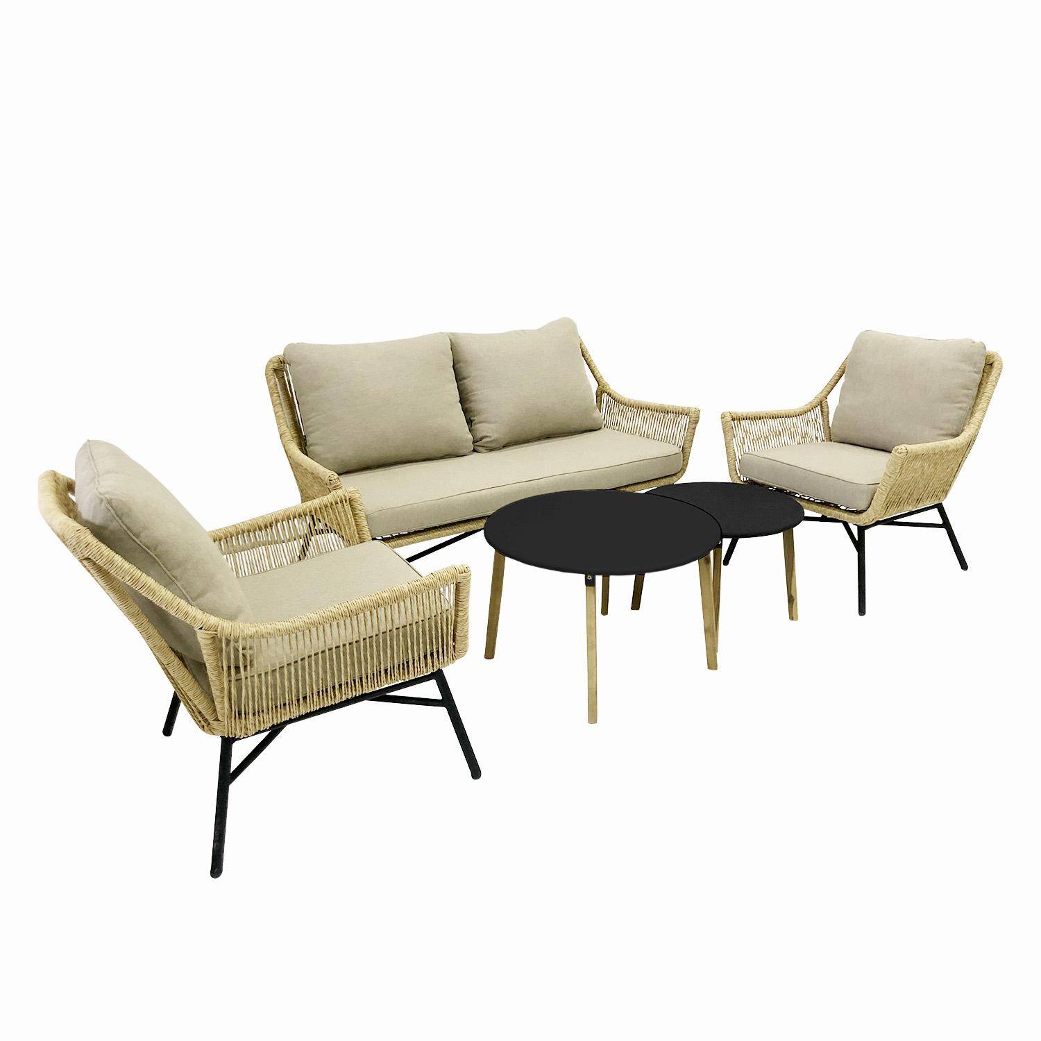 Salon de jardin bas 4 places KUTA – Ensemble canapé 2 places et 2 fauteuils avec 2 tables gigognes, résine tressée effet corde, coussins beiges Photo2