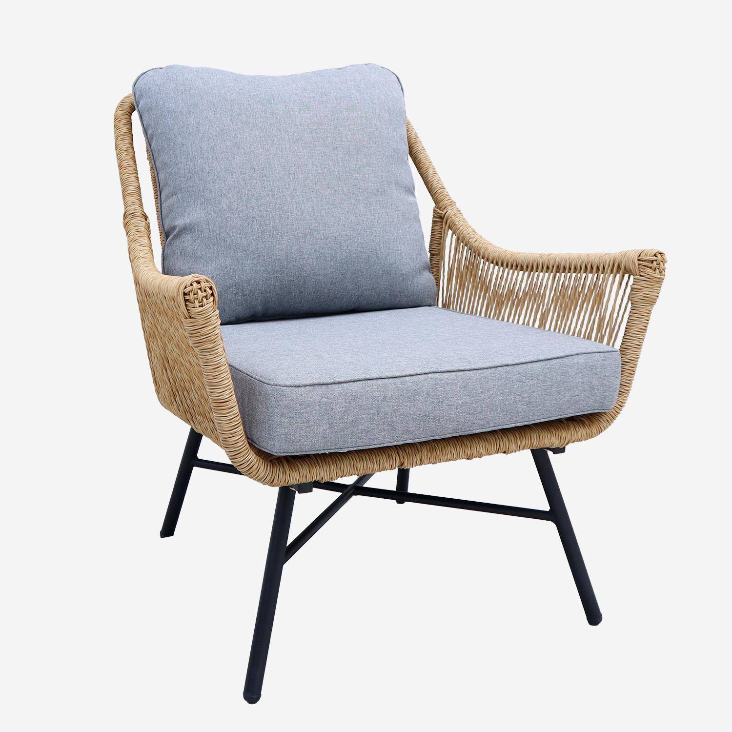 Salon de jardin bas 4 places KUTA – Ensemble canapé 2 places et 2 fauteuils avec 2 tables gigognes, résine tressée effet corde, coussins gris clair chiné,sweeek,Photo4