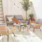 Salon de jardin bas 4 places Kuta – Ensemble canapé 2 places et 2 fauteuils avec 2 tables gigognes, résine tressée effet rotin, coussins gris clair chiné Photo1