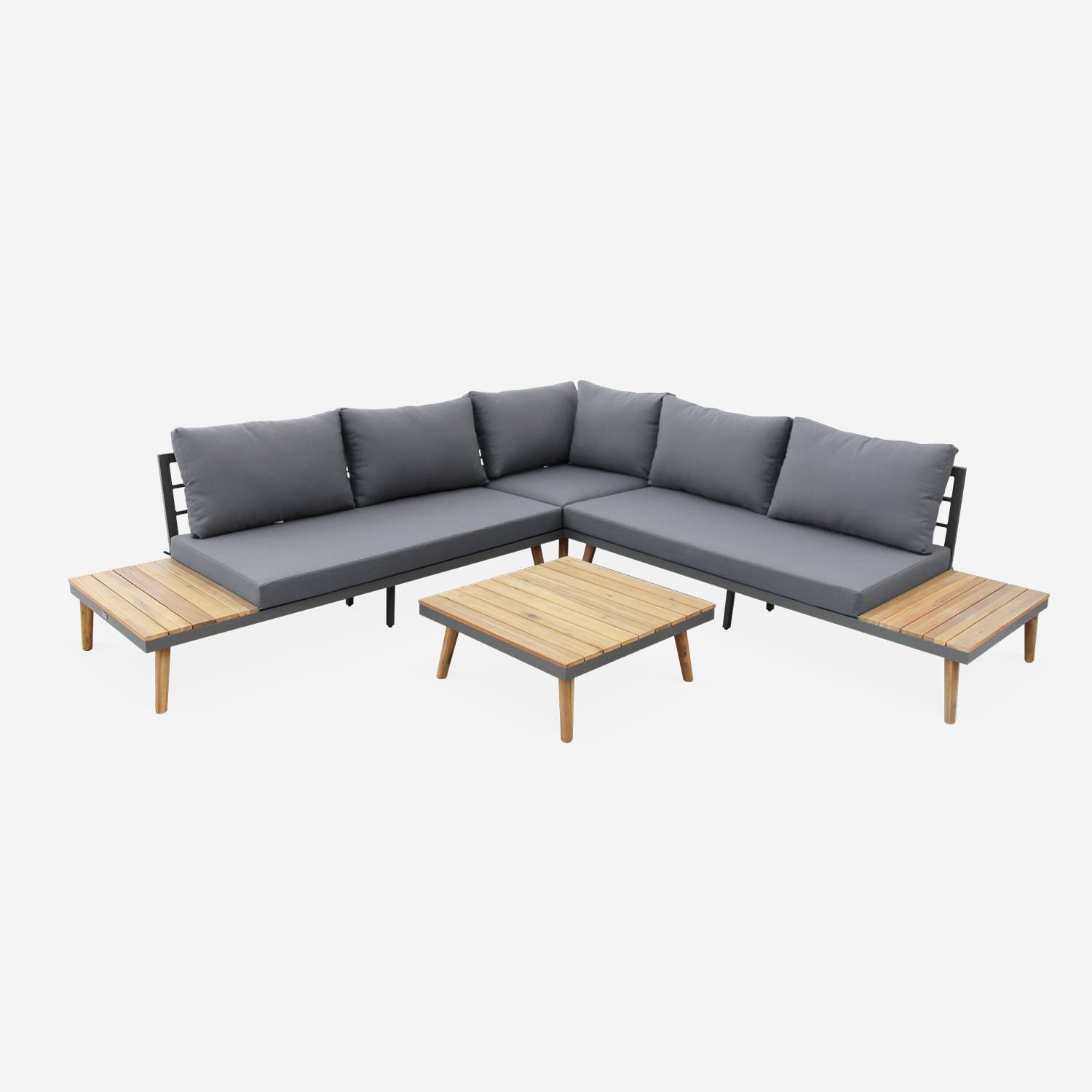 5-seater wooden outdoor sofa - Buenos Aires - Corner sofa with coffee and side tables in acacia wood, aluminium frame, Scandinavian-style legs - Buenos Aires - Grey cushions, Grey structure,sweeek,Photo2