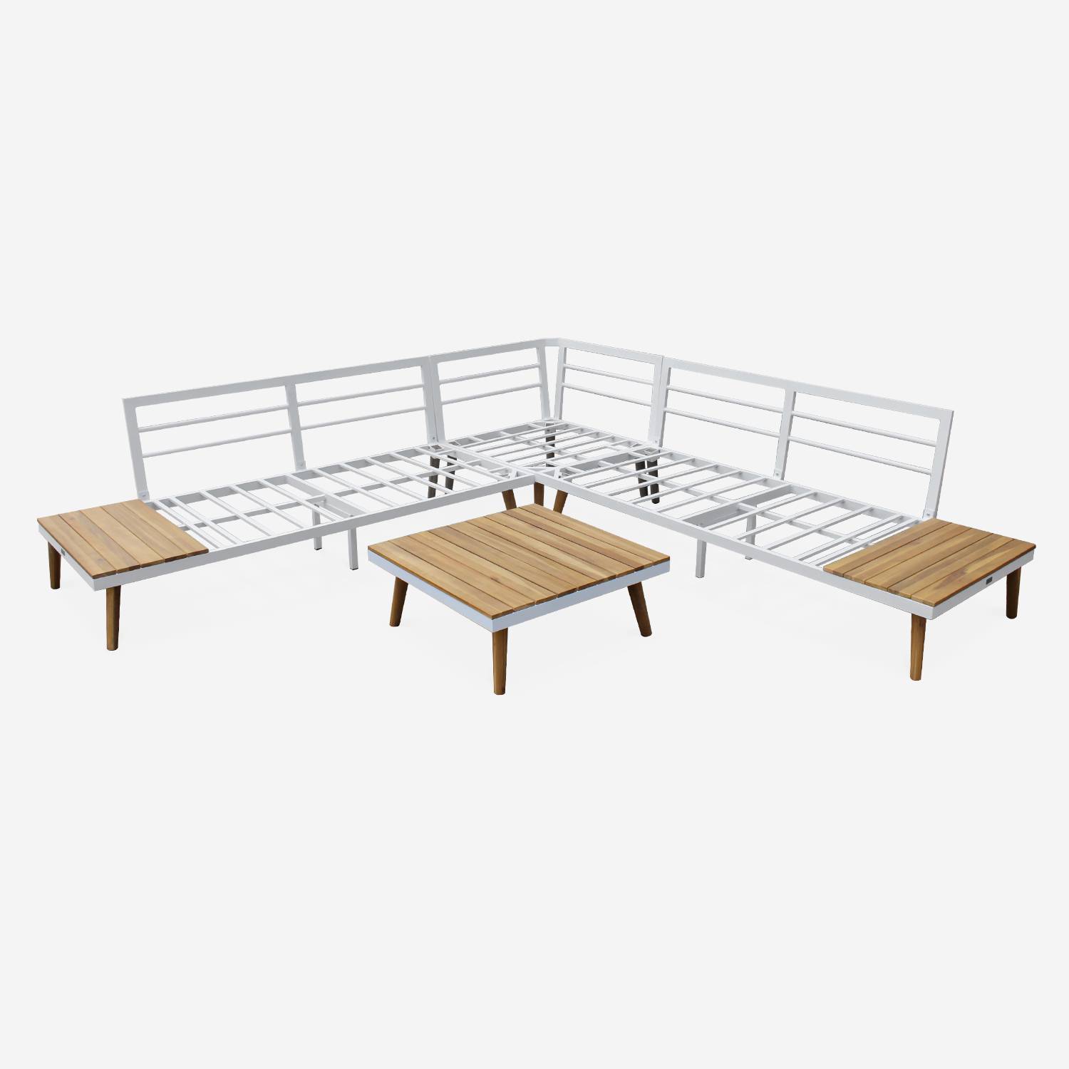 Conjunto de mobiliário de jardim em madeira de 5 lugares - Buenos Aires - Moldura branca/Almofadas cinzentas - Sofá de canto em acácia, mesas de apoio e mesa de centro, moldura em alumínio Photo6