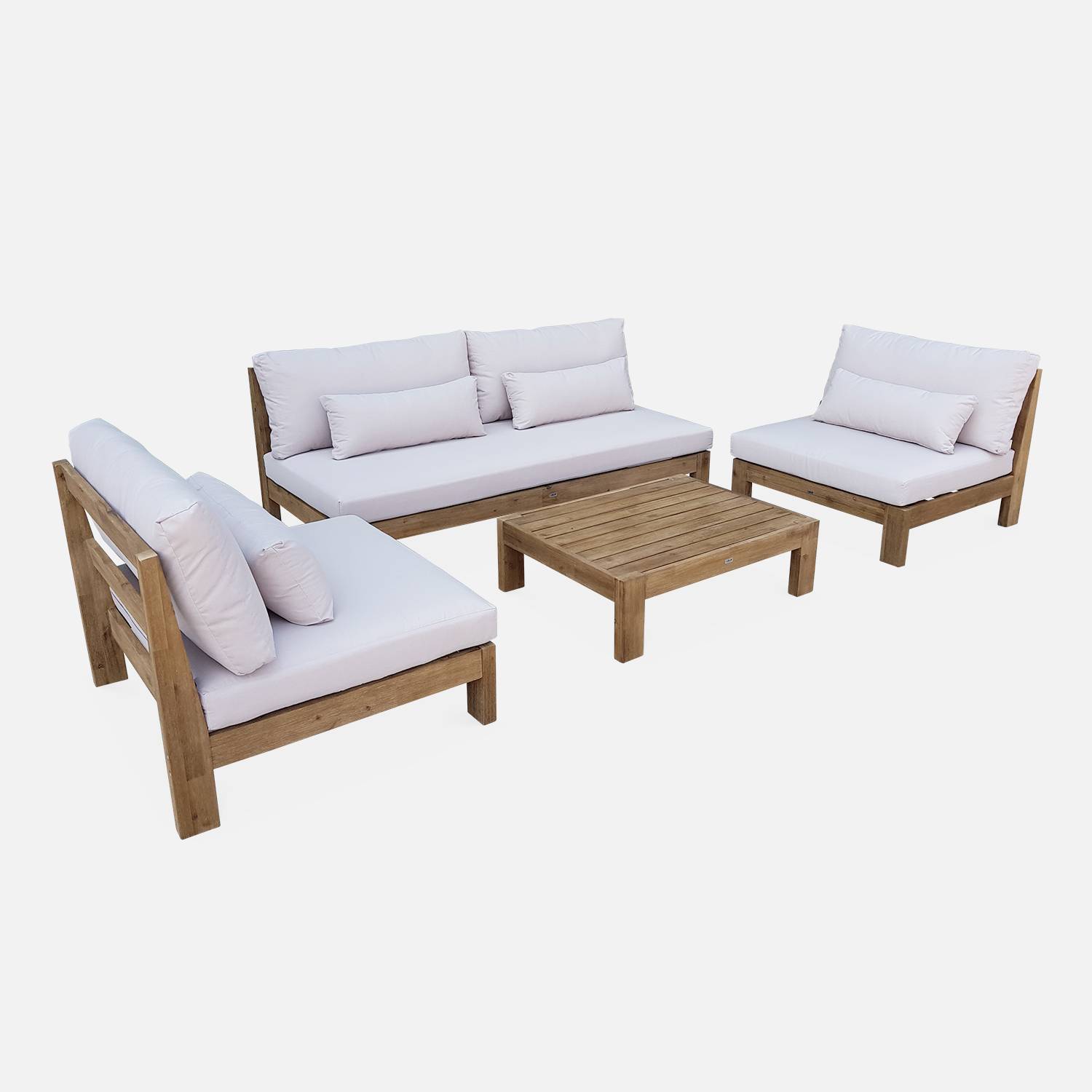 Muebles de jardín XXL con madera cepillada, efecto blanqueado - BAHIA - cojines beige, de 5 a 7 plazas | sweeek