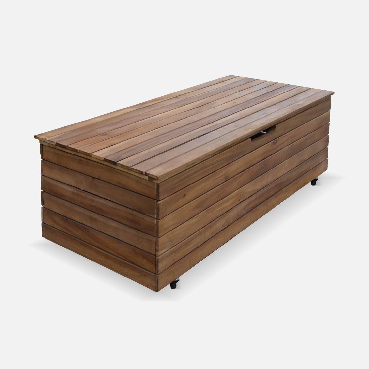 Garden storage box in wood - Saragosse - 110L, cushion storage, 107x48.5cm with hydraulic lift opening and casters,sweeek,Photo3