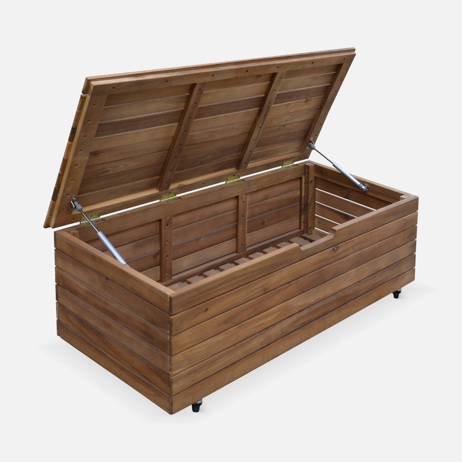 Garden storage box in wood - Saragosse - 110L, cushion storage, 107x48.5cm with hydraulic lift opening and casters,sweeek,Photo5