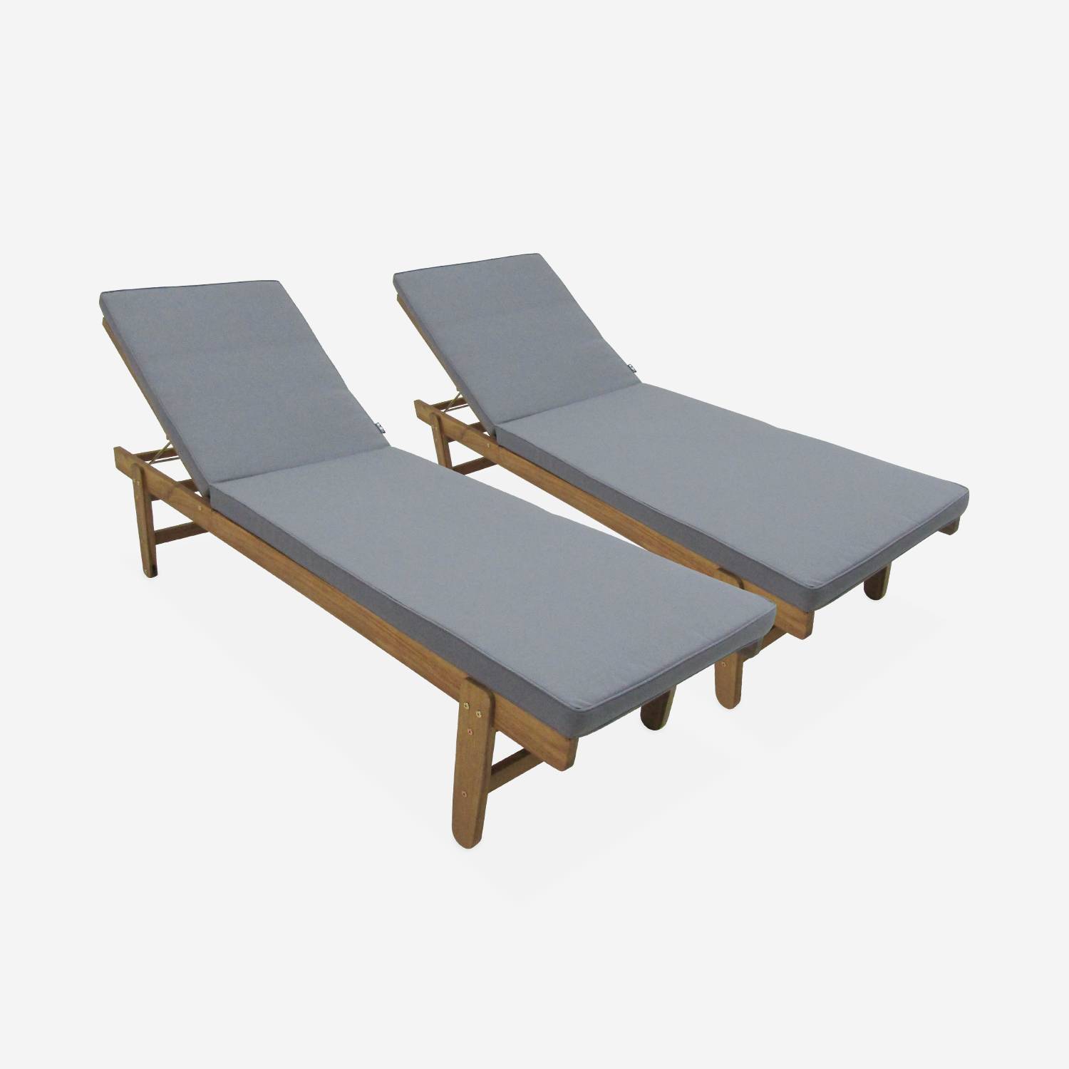 Set van 2 ligstoelen van Acacia – AREQUIPA – Ligstoelen met grijs kussen en wielen, multipositioneel,sweeek,Photo4
