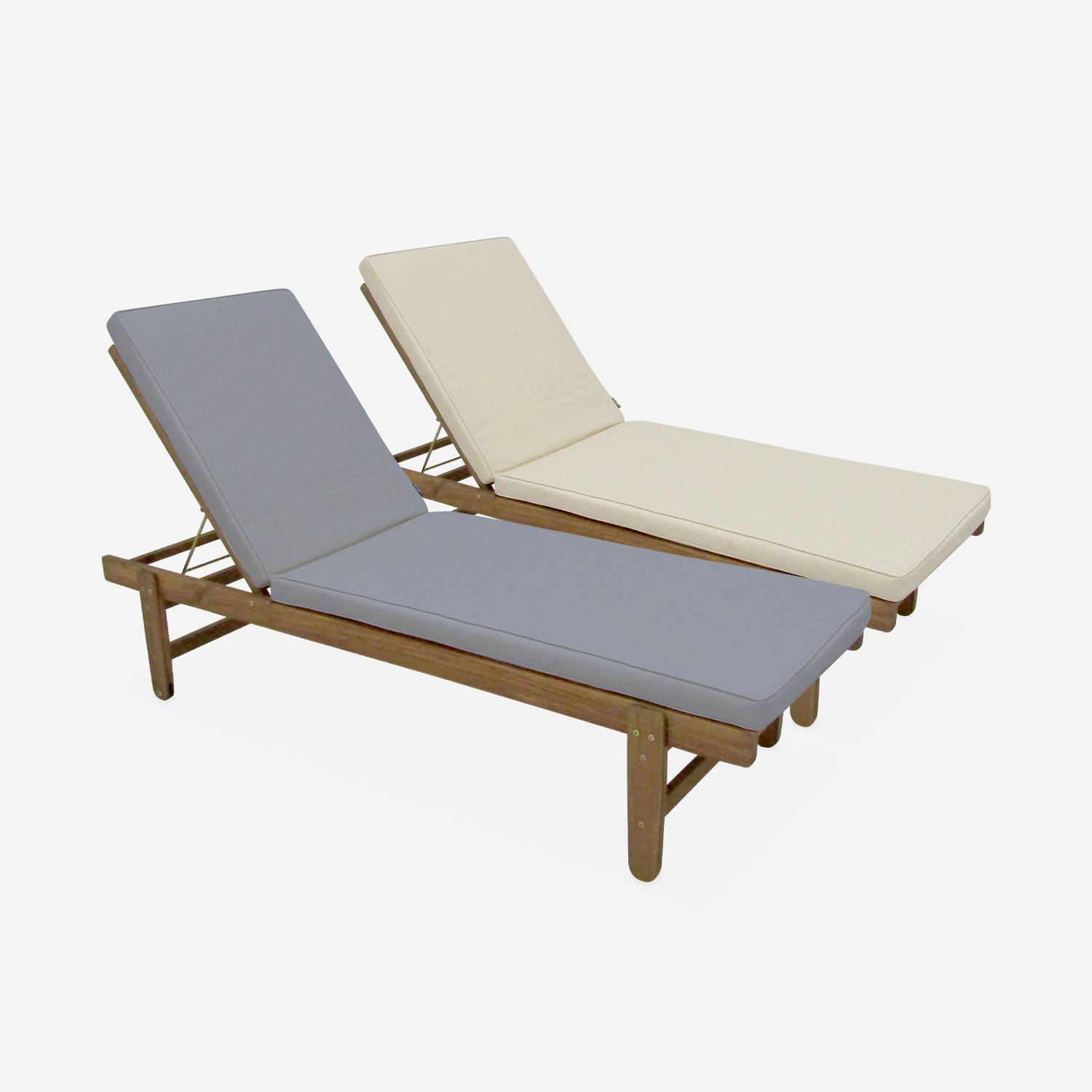 Set van 2 ligstoelen van Acacia – AREQUIPA – Ligstoelen met grijs kussen en wielen, multipositioneel,sweeek,Photo6