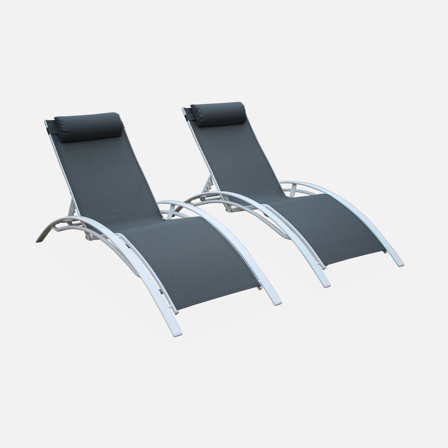 Pair of aluminium and textilene sun loungers, 4 reclining positions, headrest included, stackable - Louisa - White frame, Grey textilene,sweeek,Photo3