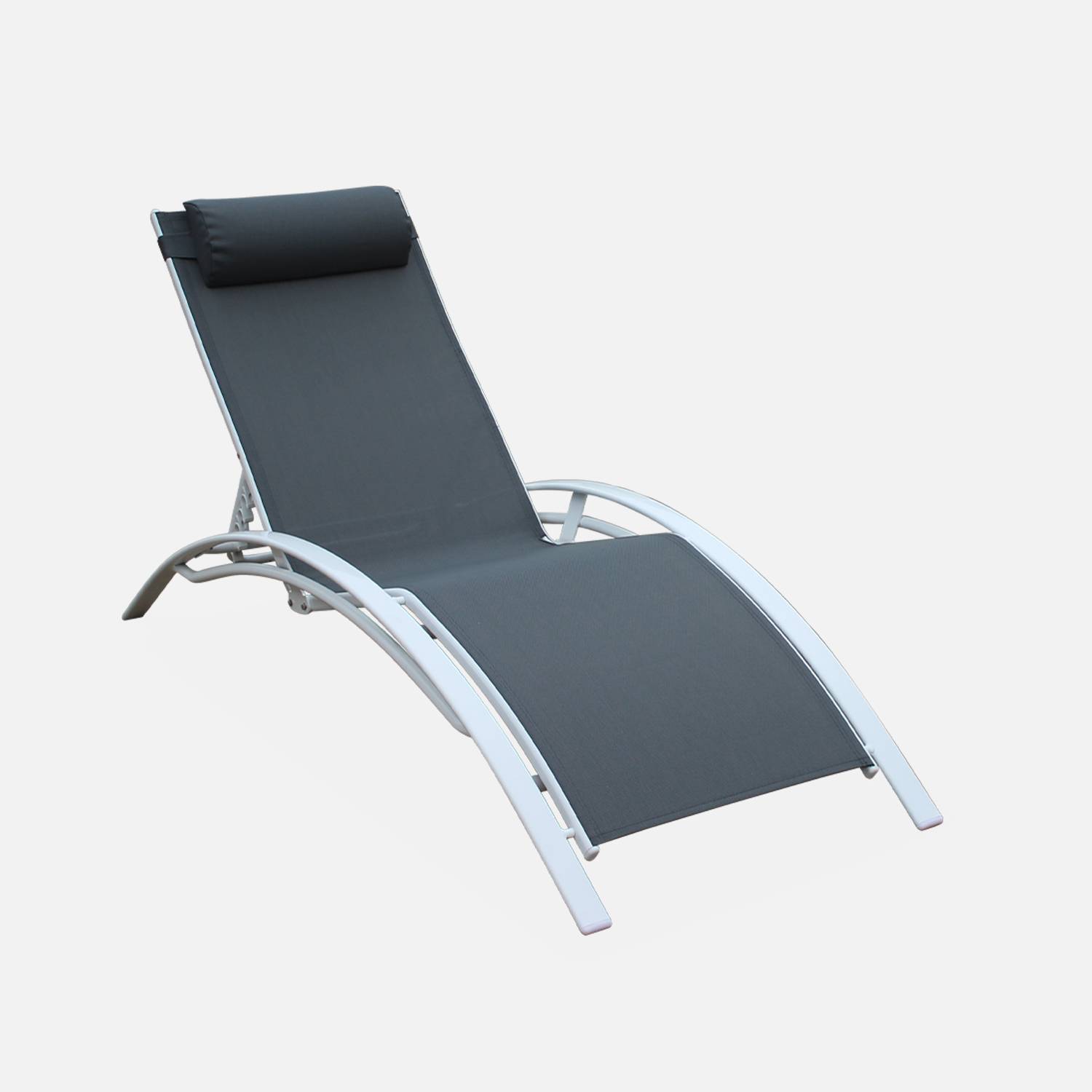 Pair of aluminium and textilene sun loungers, 4 reclining positions, headrest included, stackable - Louisa - White frame, Grey textilene,sweeek,Photo4