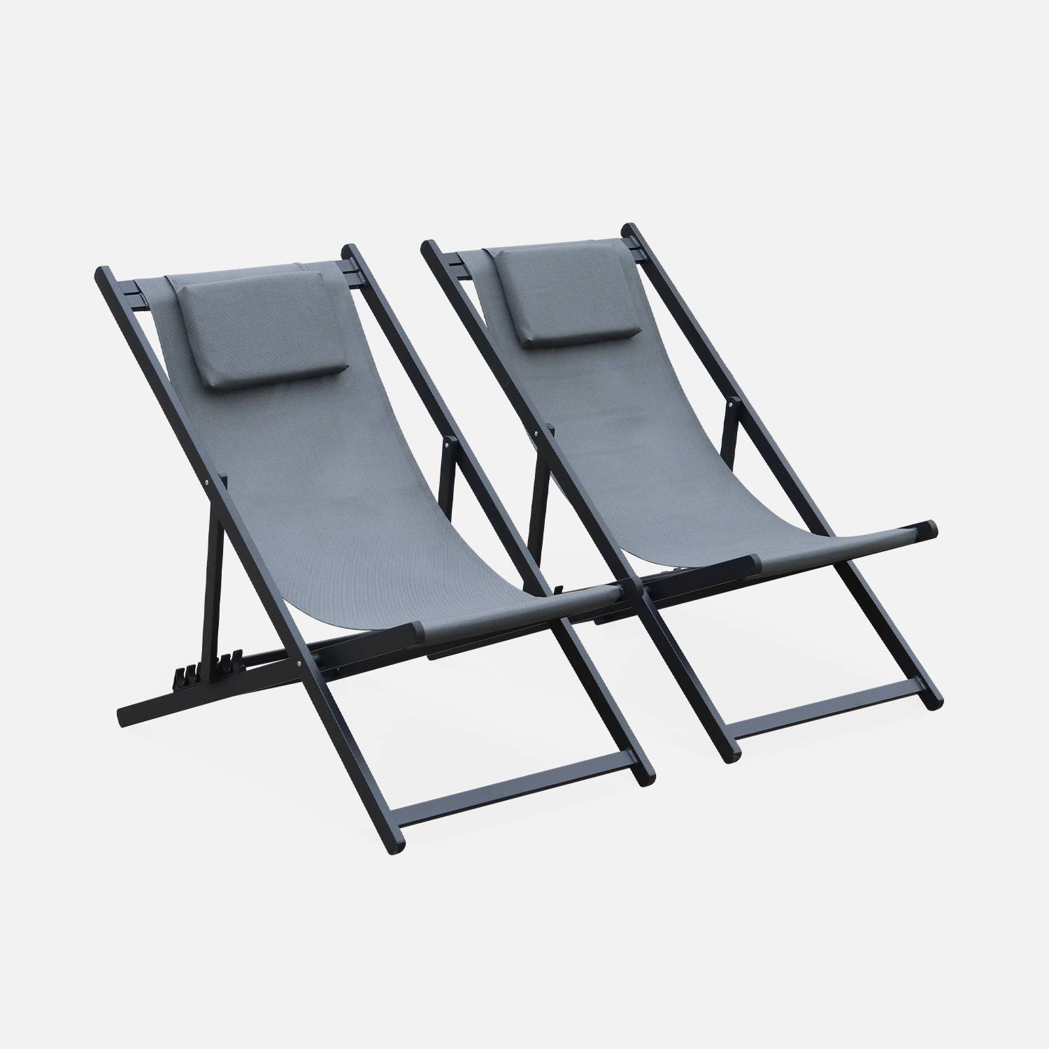 Set of 2 sun loungers - adjustable deck chairs with headrests made from aluminium frame - Gaia - Anthracite frame, Grey textilene Photo2