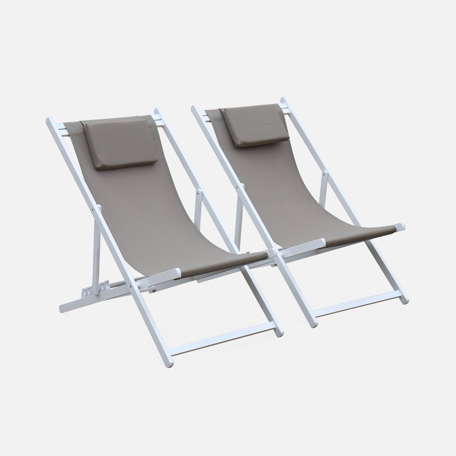 Set of 2 sun loungers - adjustable deck chairs with headrests made from aluminium frame - Gaia - White frame, Brown textilene,sweeek,Photo2