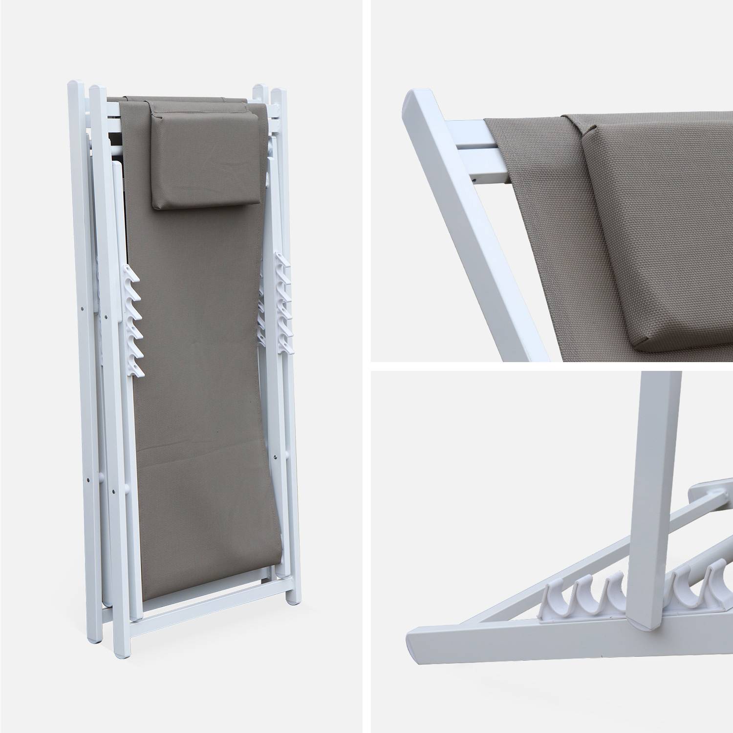 Juego de 2 sillas para tomar sol - Gaia taupe - Aluminio blanco y textileno taupe con reposacabezas.,sweeek,Photo5