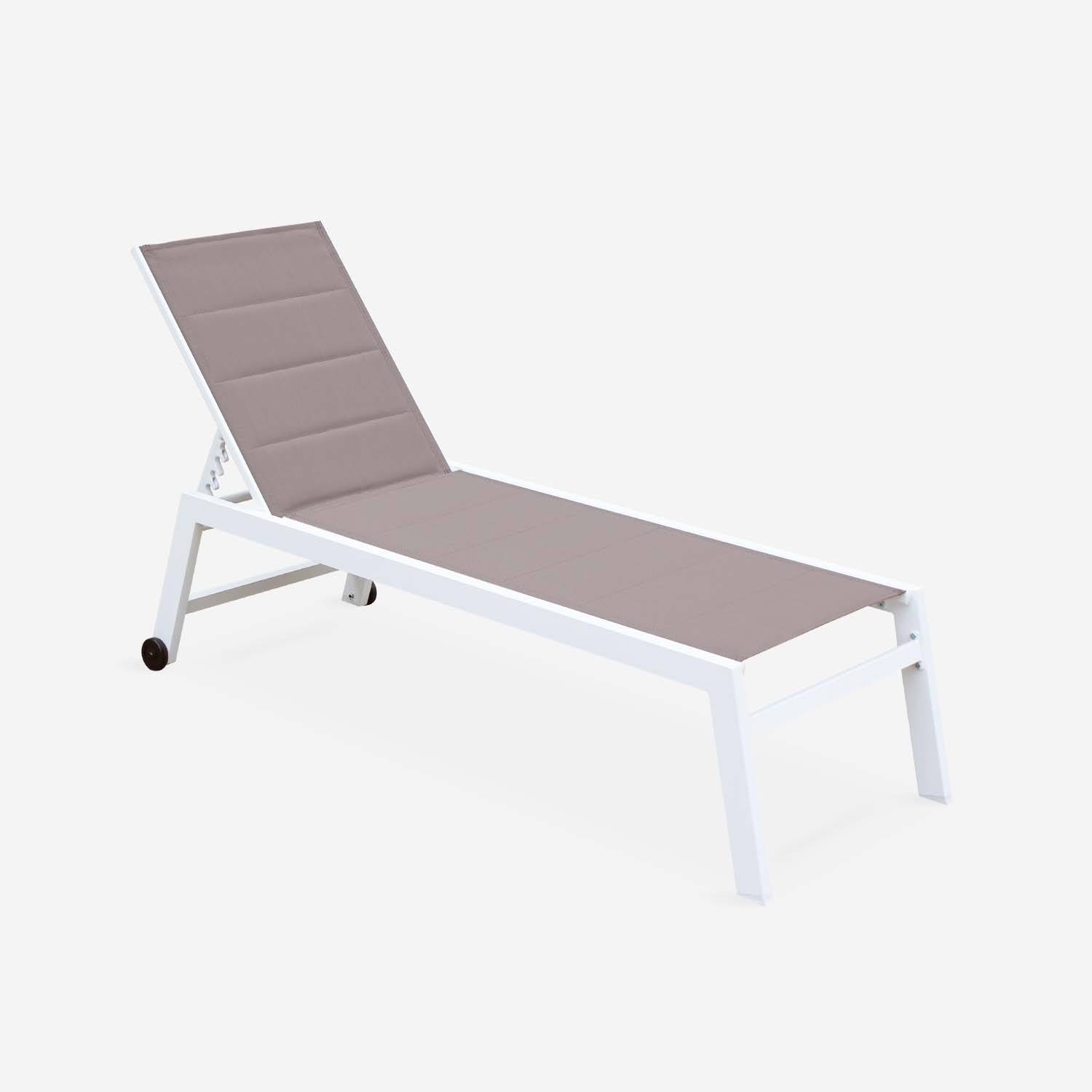 Sun lounger - Solis - Padded textilene and aluminium sun lounger with 6 positions, white frame, taupe textilene Photo3