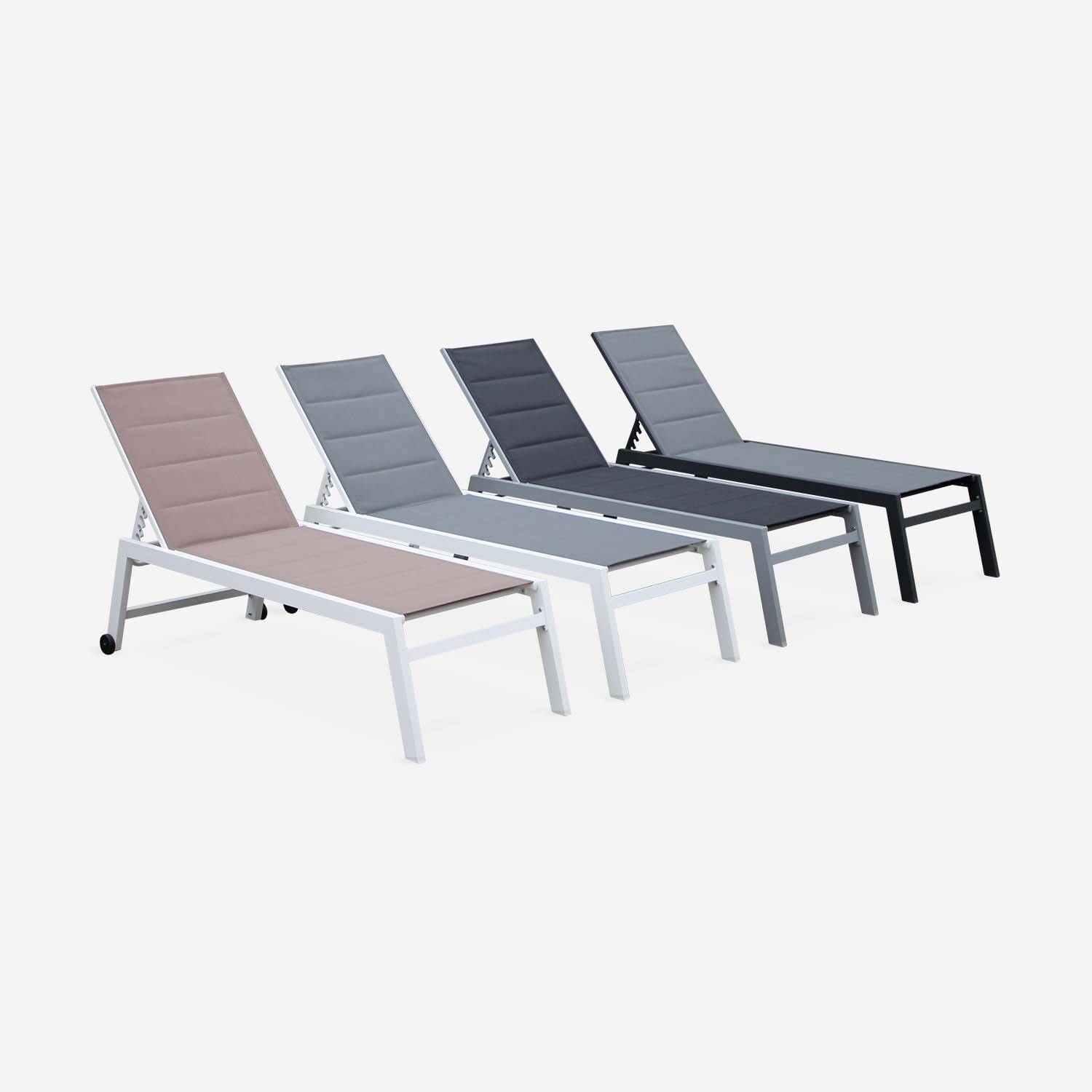 Sun lounger - Solis - Padded textilene and aluminium sun lounger with 6 positions, white frame, taupe textilene Photo6