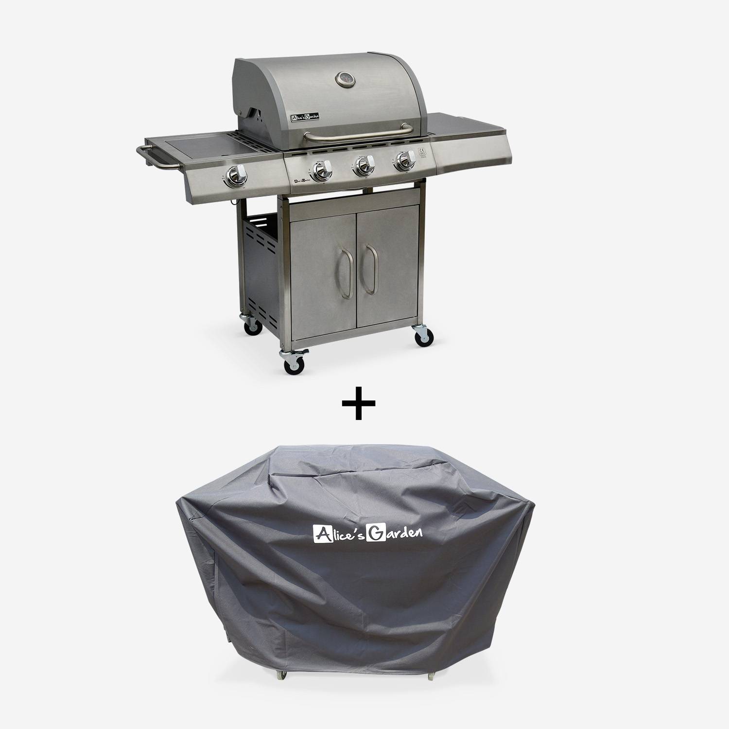 Barbecue gaz inox 14kW – Richelieu inox – Barbecue 4 brûleurs dont 1 feu latéral,grill et plancha, housse | sweeek