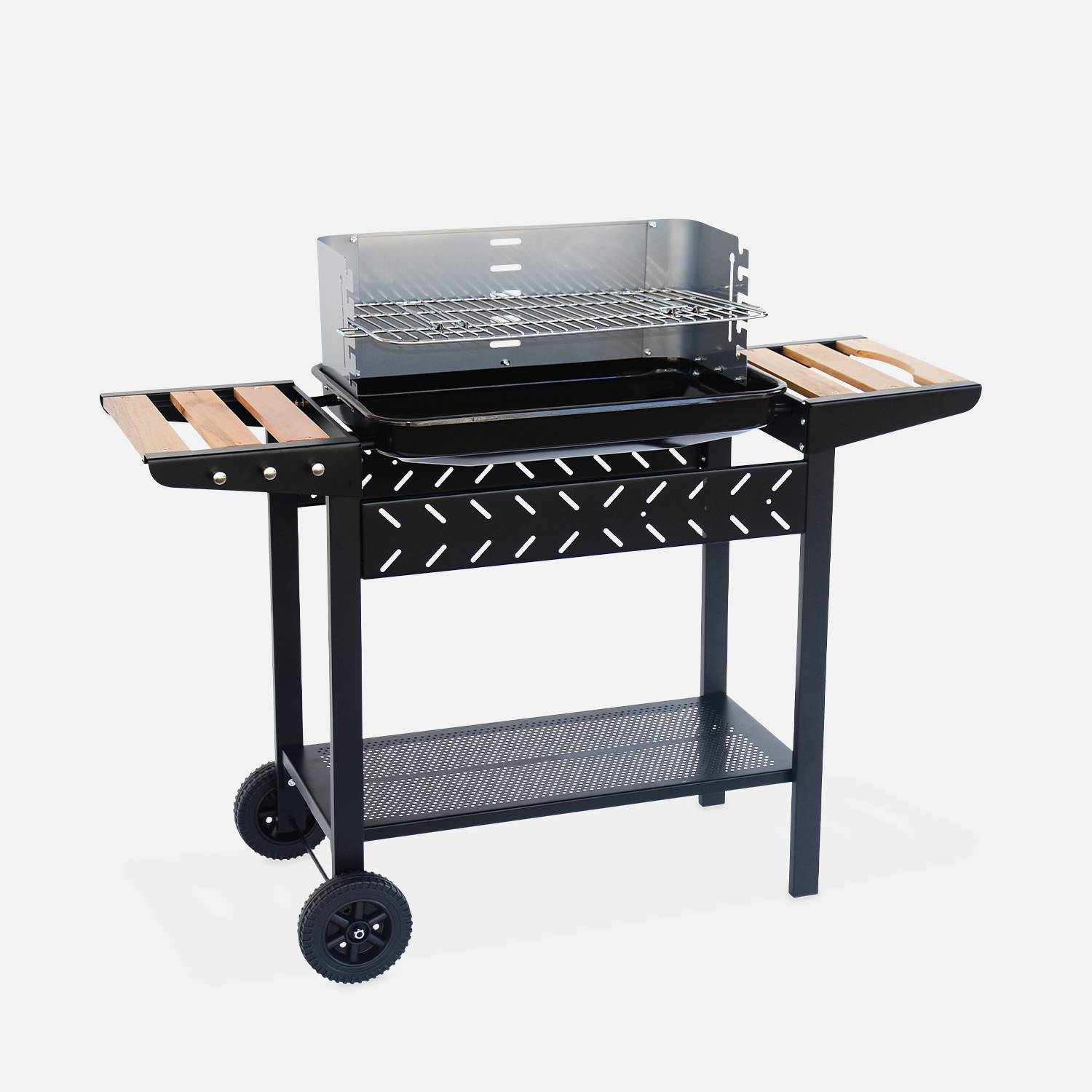 Charcoal barbecue,  adjustable grill height, enamelled bowl, wooden shelves, shelf and hooks, black and grey Photo2