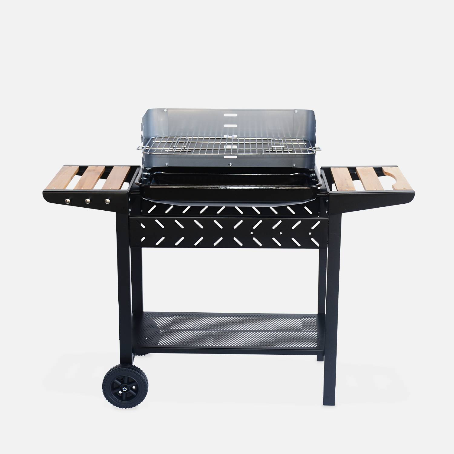 Charcoal barbecue,  adjustable grill height, enamelled bowl, wooden shelves, shelf and hooks, black and grey Photo3