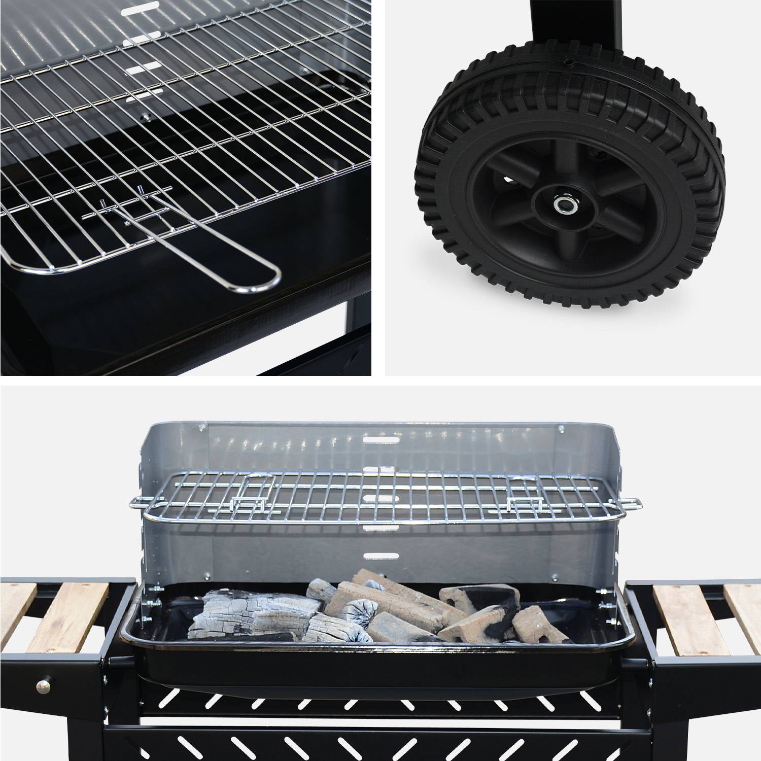 Charcoal barbecue,  adjustable grill height, enamelled bowl, wooden shelves, shelf and hooks, black and grey Photo5