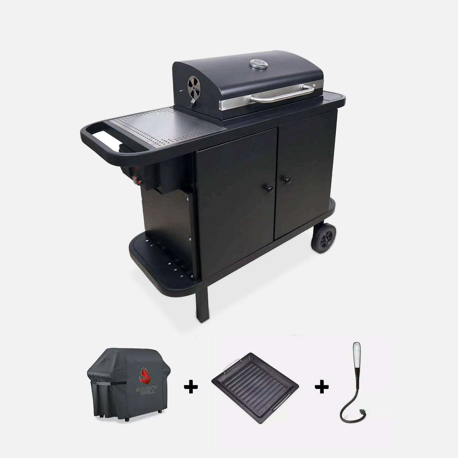 Houtskoolbarbecue - SNGONE 2.0 noir - barbecue met Bluetooth-verbinding, automatische ontsteking, deksel, bakplaat, USB LED-verlichting, gereedschaphouder, warmhoudrooster & asvanger Photo1
