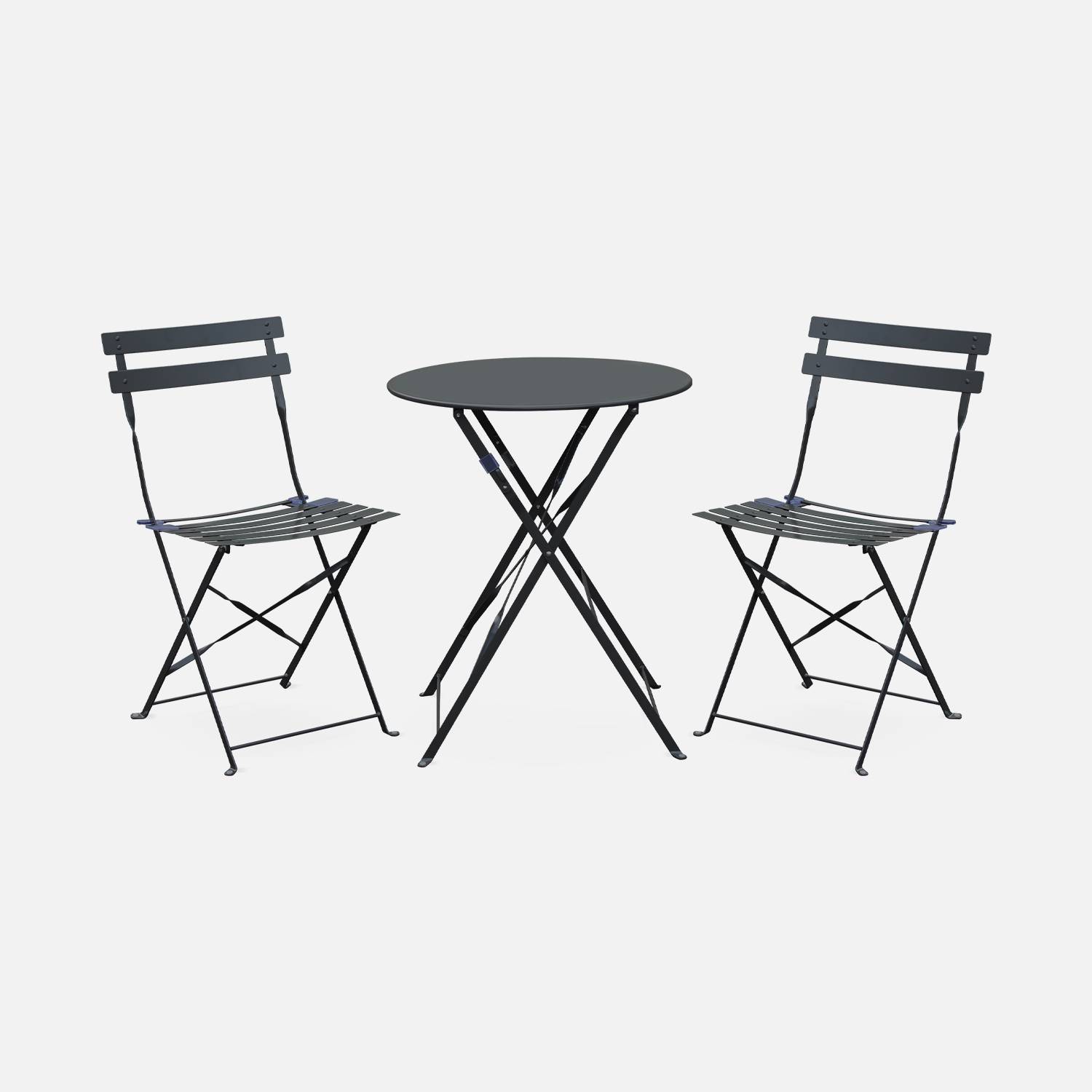 Salon de jardin bistrot pliable Emilia rond gris anthracite, table ⌀60cm avec deux chaises pliantes, acier thermolaqué | sweeek