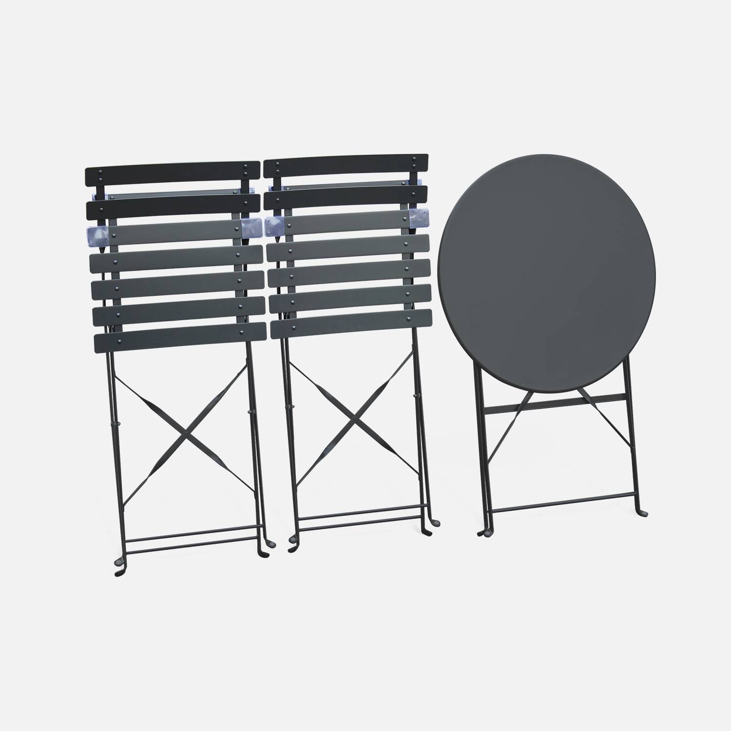 2-seater foldable thermo-lacquered steel bistro garden table with chairs, Ø60cm - Emilia - Anthracite Photo6
