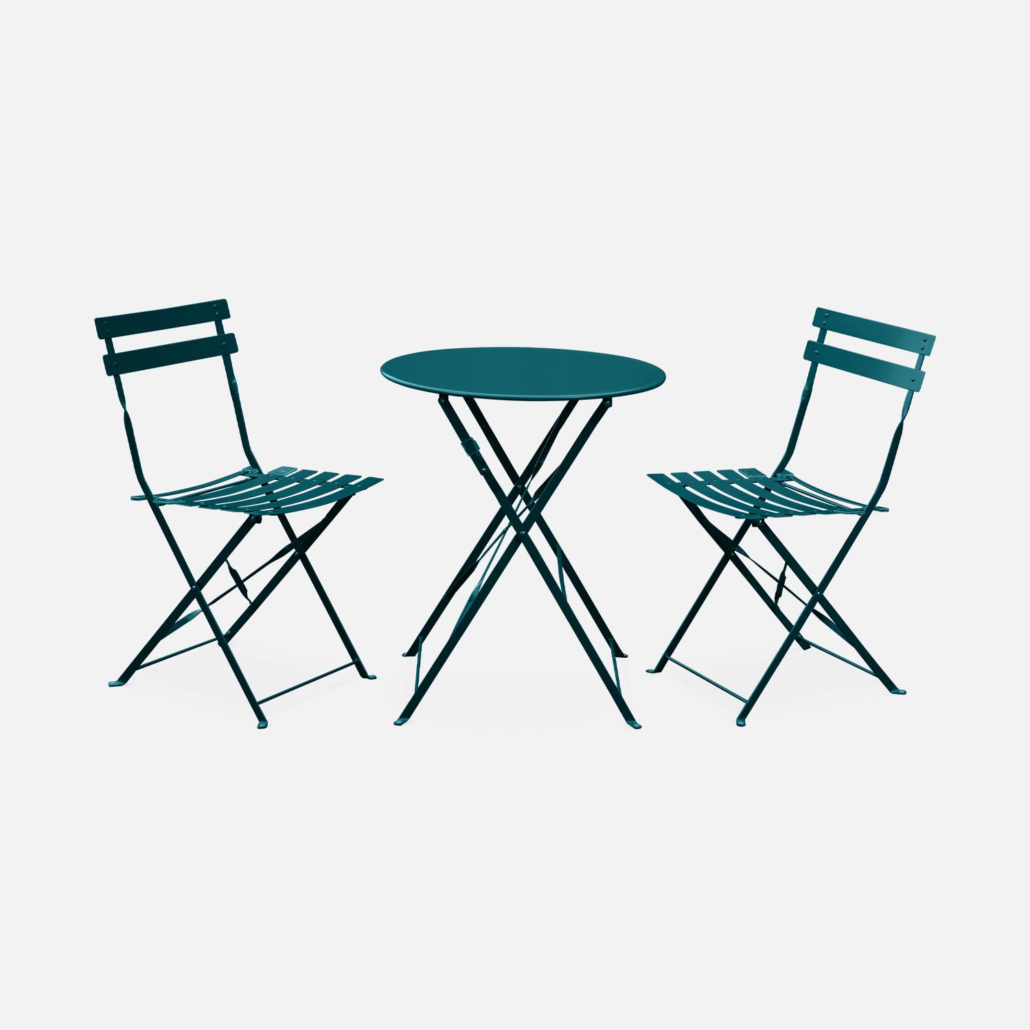 EMILIA bistroset - 2 inklapbare stoelen en een ronde tafel van gepoedercoat staal met matte afwerking – donker turquoise | sweeek