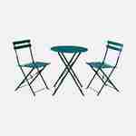 Salon de jardin bistrot pliable - Emilia rond bleu canard - Table ronde Ø60cm avec deux chaises pliantes, acier thermolaqué Photo2