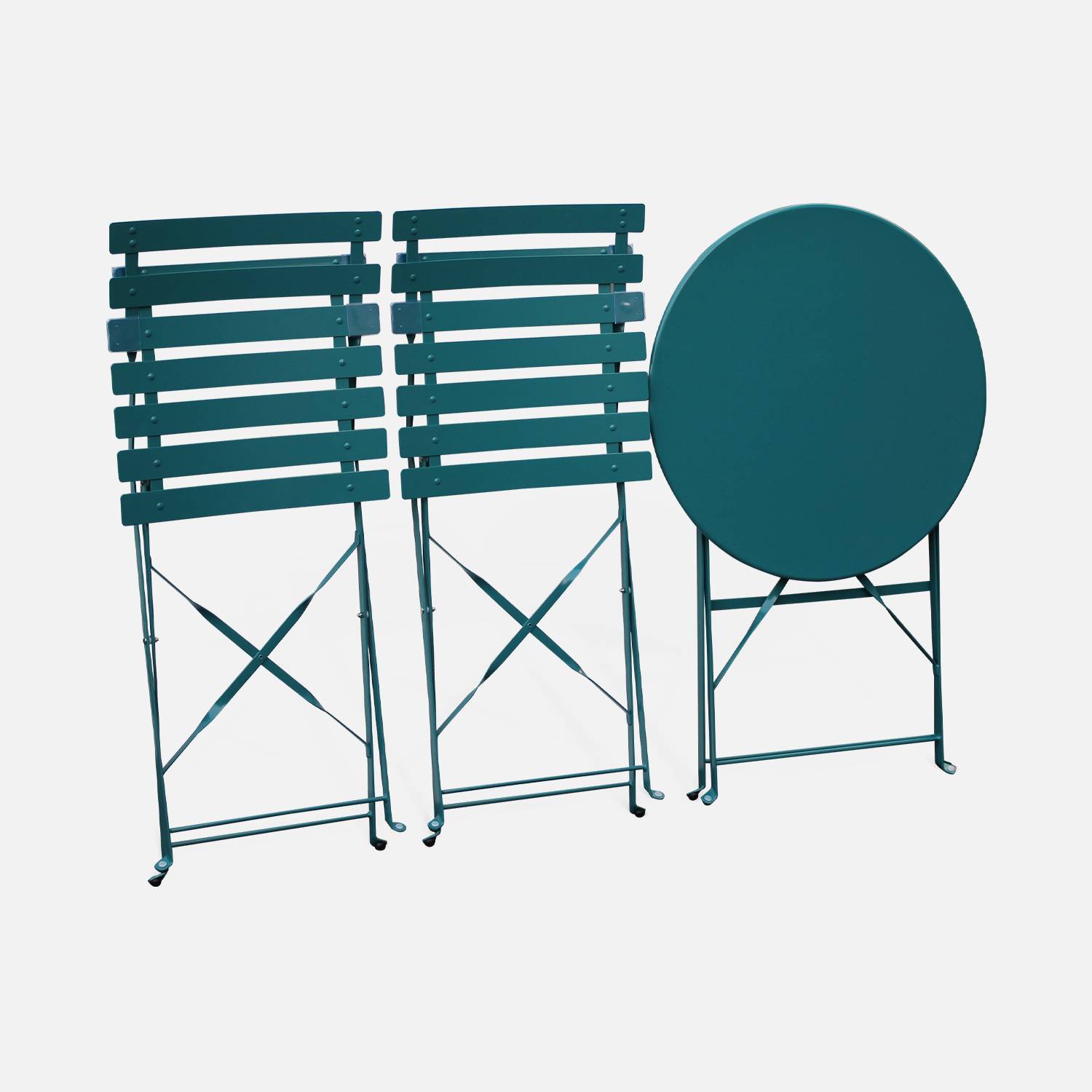 Mesa de jardín plegable para bistró - Emilia azul pato redonda - Mesa redonda de Ø60cm con dos sillas plegables, acero pintado en polvo,sweeek,Photo6