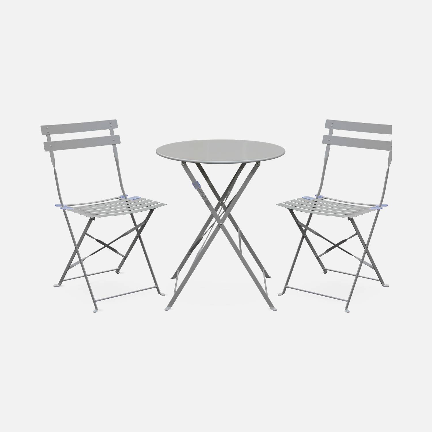 2-seater foldable thermo-lacquered steel bistro garden table with chairs, Ø60cm, Taupe grey | sweeek