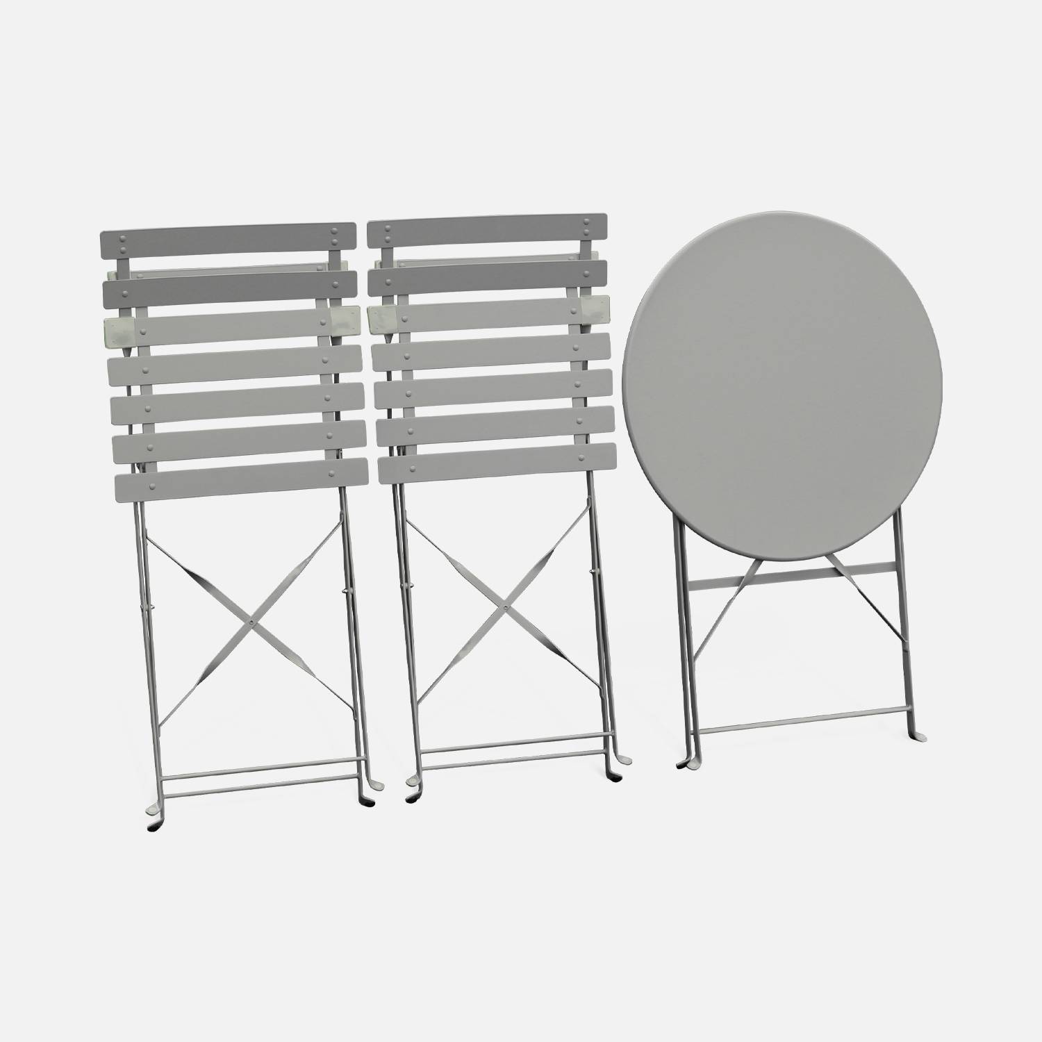2-seater foldable thermo-lacquered steel bistro garden table with chairs, Ø60cm - Emilia - Taupe grey Photo6